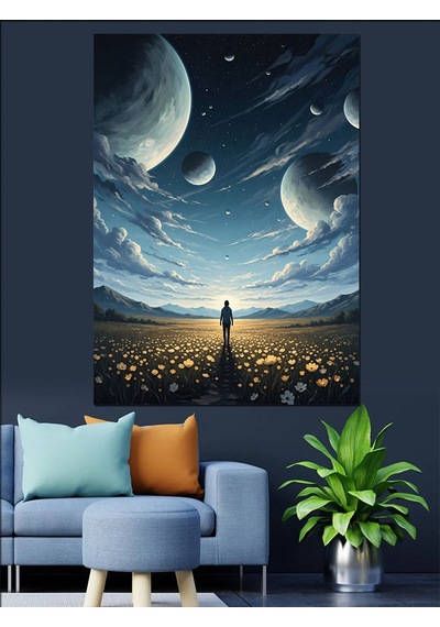 Uzayda Yol Alan Küçük Astronot Dekoratif Kanvas - Mdf Ahşap Tablo