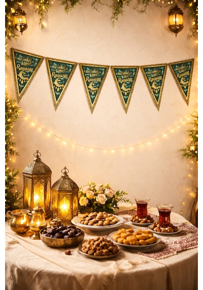 2li Ramazan Flama Seti: Hoşgeldin + İyi Bayramlar Bayrak Süs Şeker Bayramı Banner Dini İslami Süs