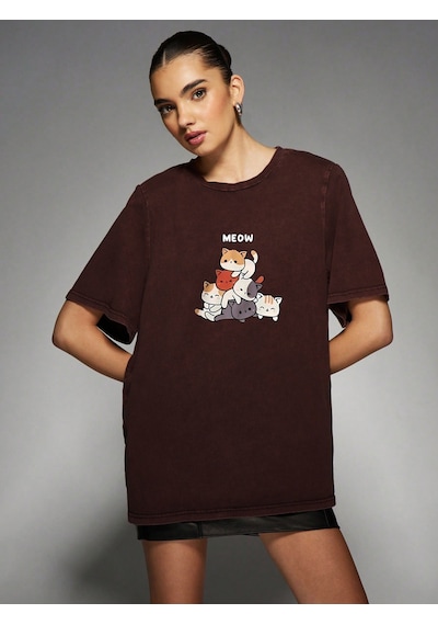 Unisex Meow Baskılı Tasarım Tshirt Kahverengi
