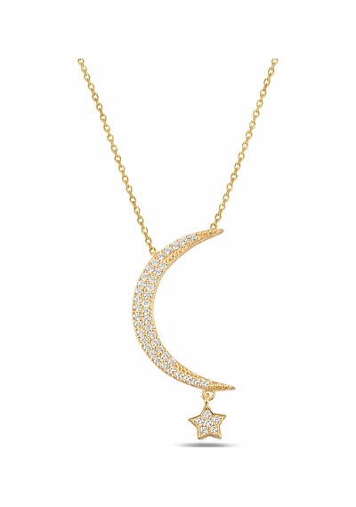 Çekirdekjewelry 925 Ayar Gümüş Sarı Altın Kaplama Taşlı Hilal Yıldız Kolye Sarı