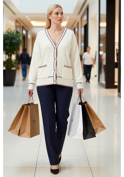 Frm Kadın Büyük Beden Moda Şık Regular V Yaka Uzun Kol Çizgili Çizgi Ekru