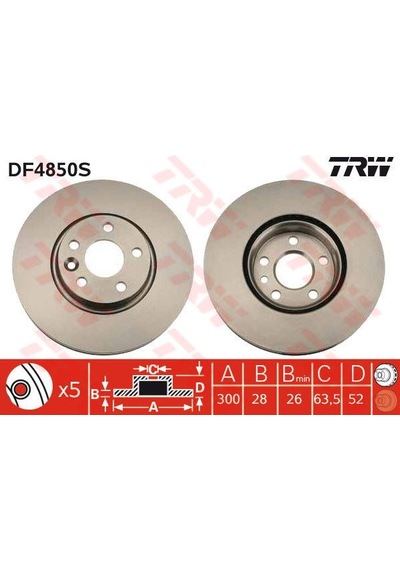 TRW DF4850S Fren Diski Ön S-Max 06- Mondeo IV 07- Galaxy III 06- / S60 10- S80 06- V60 V70 06- X / Range Rover Fren Diski 37987111