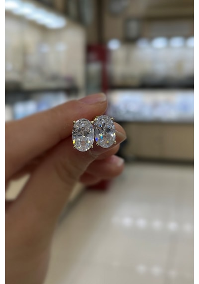 Gümüş Oval 12x8 Mm 4,5 Carat Altın Kaplama Tektaş Küpe Sarı