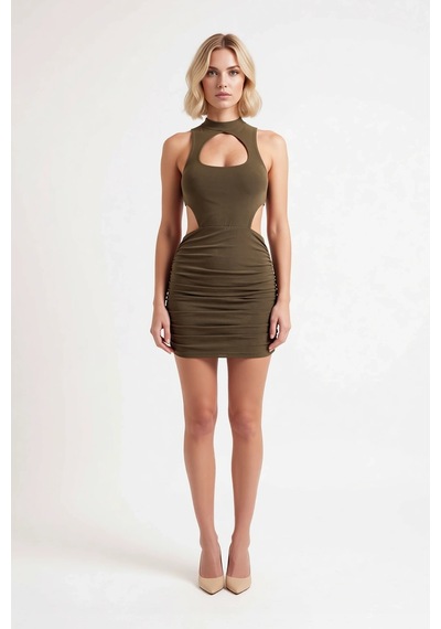 Benerly Kadın Kolsuz Bisiklet Yaka Drape Detaylı Esnek Bodycon Mini Elbis Haki