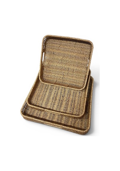 3 Lü Rattan Tepsi Dekoratif Tepsi Hasır Örme Tepsi Kare Krem