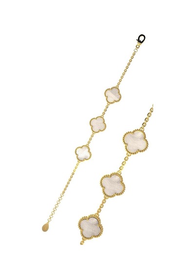 Roza Silver 925 Ayar Beyaz Sedef Taşlı Gold Üçlü Yonca Gümüş Bileklik Rb10046