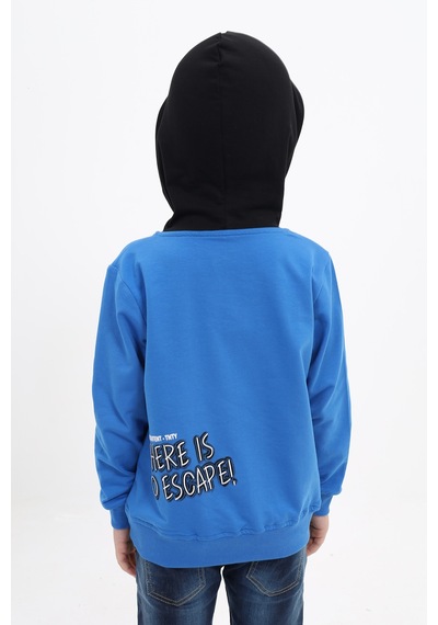 Toontoy Kids Toontoy Erkek Çocuk Relax Fit Kapüşonlu Cepli Renk Bloklu Baskılı Sweatshirt - 2 İplik Saks