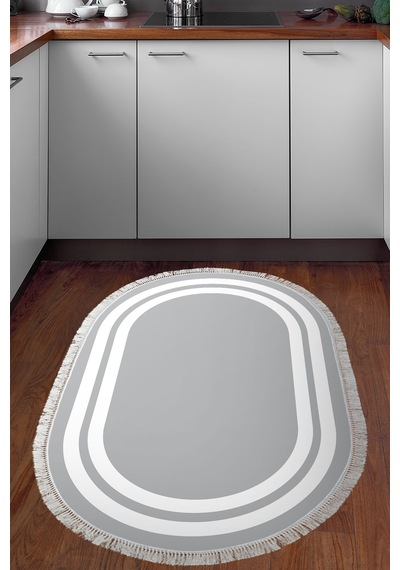 Dijital Baskılı Oval Salon Halısı Kaymaz Yıkanabilir Keçe Taban Saçaklı Geometrik 1696 Gri Beyaz