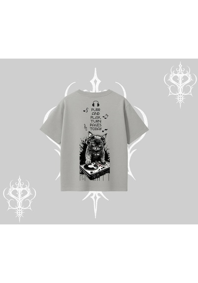 Tarzsokak Dj Kedi Baskılı Müzik Temalı Oversize Tshirt Gri