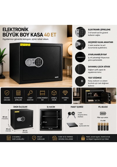 Elektronik Büyük Boy Kasa 40 Et Çelik Şifreli Kasa 40x35x35 Cm 2 Anahtar 4 Çelik Dübel