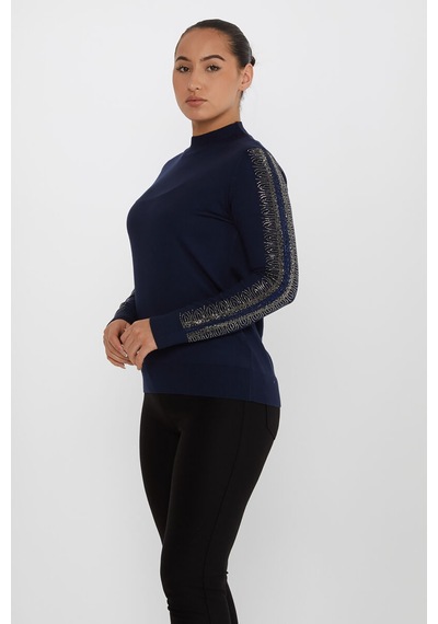 Kazee Kadın Kolları Taş Detaylı Triko Kazak 30564 Lacivert Lacivert