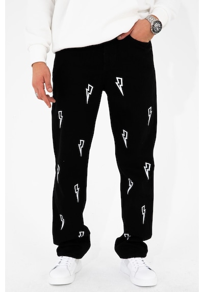 HLT Jeans Erkek Şimşek Baskılı Baggy Fit Likrasız Rahat Kesim %100 Pamuk Loose Jean Kot Pantolon Mcqueen 001
