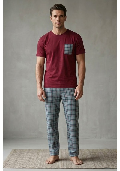 Siyah İnci Cep Nakışlı Örme Kısa Kollu Pijama Takım 8000 Bordo