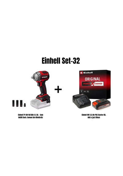 Einhell Set-32 Einhell TP-CW 18/350-C Li Bl Solo Akülü Somun Sıkma + Einhell 18V 2AH Pxc Starter Kit Akü & Şarj Cihazı