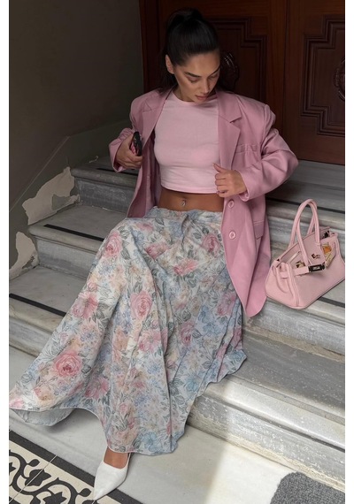 Madmext Ekru Çiçek Desenli Vintage Şifon Maxi Etek Mg2776