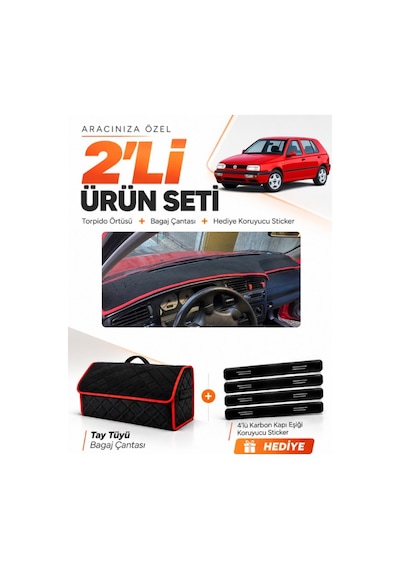 E-biz Volkswagen Golf 3 1991-1997 Uyumlu Torpido Örtüsü + Tay Tüyü Çanta - Siyah-kırmızı - Vw008