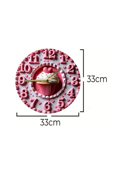 Kalpli Cupcake Temalı Mdf Duvar Saati 33 Cm, 3d Görünümlü, Sessiz Mekanizmalı, 2d Hd Baskı Sdw238 Renkli