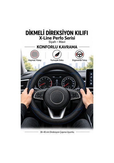 Trobus Seat Ateca 2016-2023 Uyumlu Dikmeli Direksiyon Kılıfı X-line Perfo Siyah Mavi Siyah - Mavi