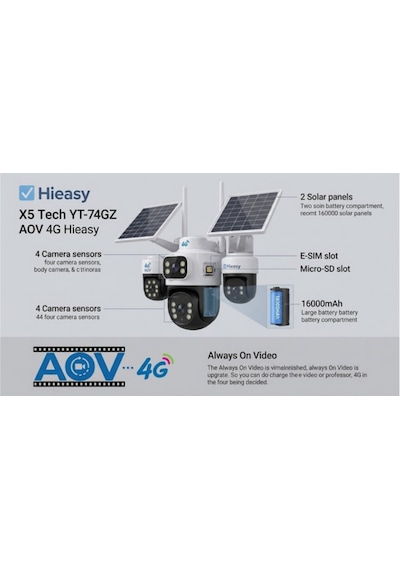 X5 Tech Yt-44gz Aov 4mp 4 Kameralı 4g Hieasy +1 Yıllık Sim Kart +64gb Hafıza Kartı Güneş Enerjili Ta