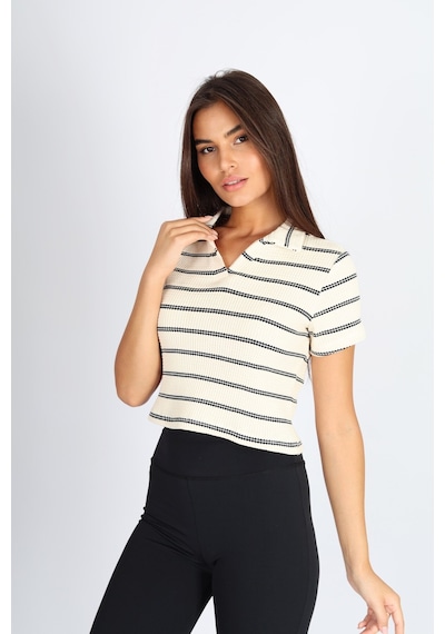 Soft&Basic Polo Yaka Raporlu Ekru Jakar Crop Fit T-shirt Ekru