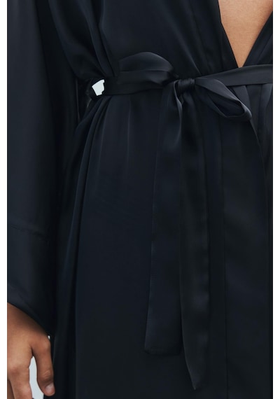 Frappant Siyah Uzun Saten Sabahlık / Kimono Siyah