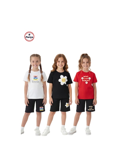 Panios Kids 3 Lü Yuvarlak Yaka Kaprili Baskı Detaylı Yazlık Kız Çocuk 6 Parça Alt Üst Takım Beyaz - Siyah - Kırmızı