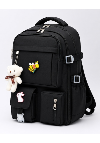 Quovo Kore Tarzı Ortopedik Özel Tasarım Çok Cepli Su Geçirmez Yeni Aksesuarlı Kız Erkek Okul Çantası Siyah