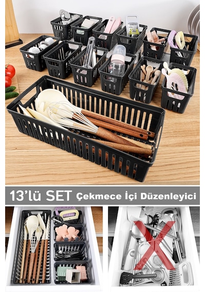 13 Parça Modüler Çekmece İçi Organizer Set - Banyo Mutfak Makyaj Aksesuar Ofis Düzenleyici Siyah