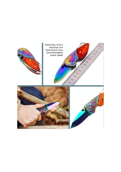 Omeniv Ahşap Çelik Kabzalı Kamp Çakı Kamp Bıçak Yanardöner Outdoor Kahverengi