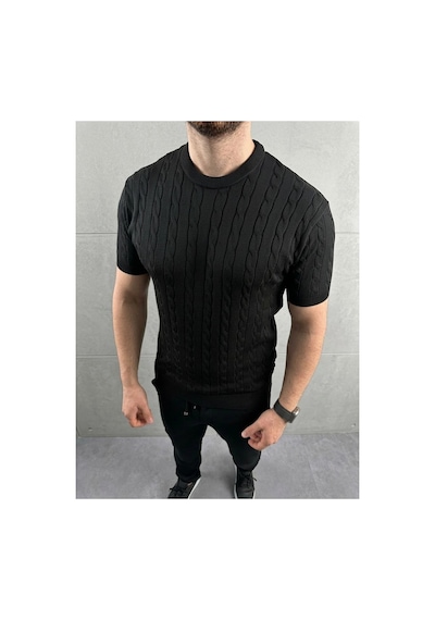 Erkek Yazlık Triko Dokuma Tişört Kısa Kol Bisiklet Yaka Örgü Desenli T-shirt - Siyah