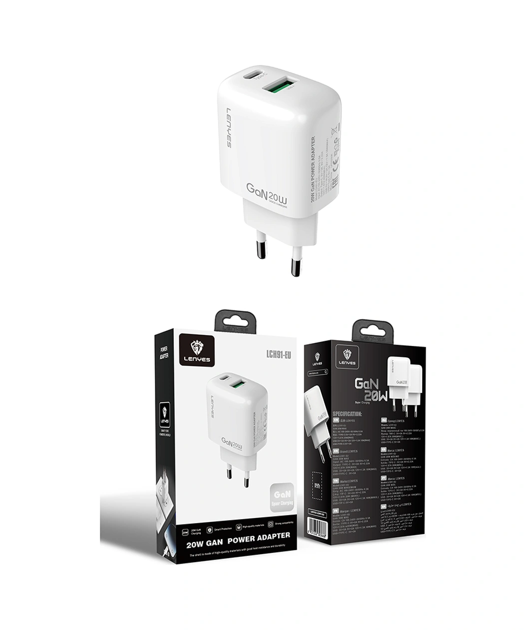 Lenyes Lch91 Type-c Ve Usb Gan Teknolojili Pd Hızlı Şarj Özellikli Şarj Başlığı 20w Beyaz
