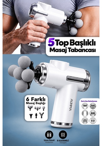 6 Başlıklı Masaj Tabancası - Sporcu Egzersiz Titreşimli Omuz Bacak Baldır Rahatlatıcı Masaj Aleti Beyaz