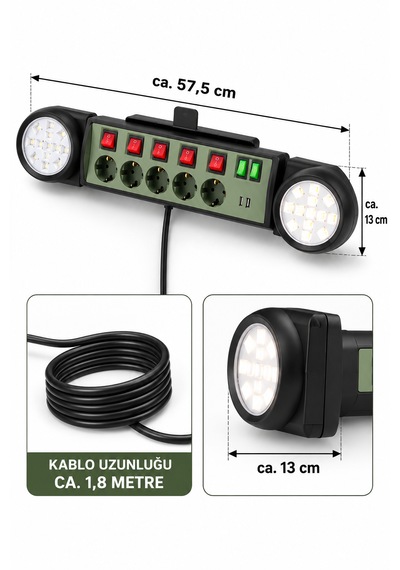 Çok Fonksiyonlu Akım Korumalı Güç İstasyonu 5'li Priz, Usb-c & Usb-a, Çift Led Çalışma Lambası, 3680w 16a 1.9 M