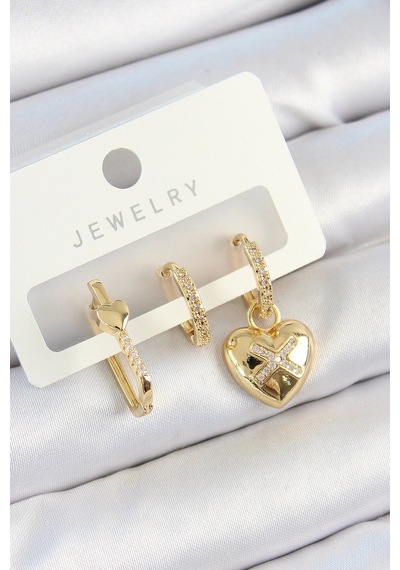Pirinç Zirkon Taşlı Kalp Model Gold Renk 3'lü Çift Kadın Küpe Set 5886 Çok Renkli