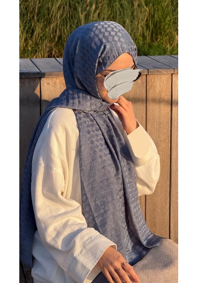Qalortex Scarf Premium Pamuklu Jakar Şal-buz Mavi