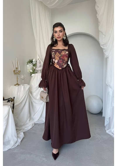 Nils Boutique Vintage Korsajlı Midi Elbise Kahverengi