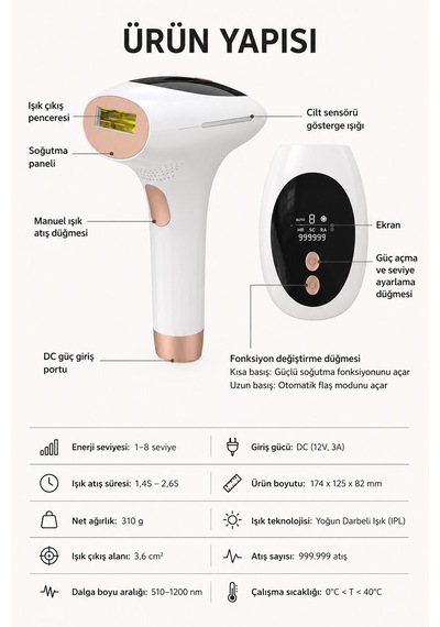 Exenar - Beyaz - Ipl Buz Lazer Epilasyon Aleti Tüy Alma Cihazı 9 Kademeli 999.999 Atım Otomatik Ve Manuel
