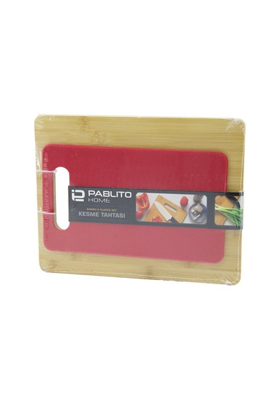 2pcs Set Ahşap Bambu - Plastik Kesim Panosu - Kesme Tahtası Pls:15x25cm- Ahş:22x28cm -