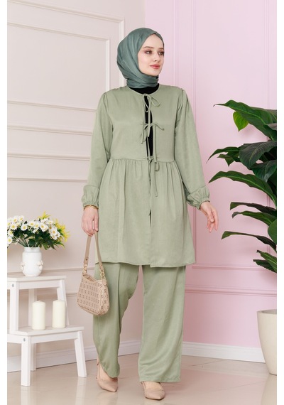 Sevitli Önü Bağlamalı Pantolonlu Takım-mint Yeşili-4767