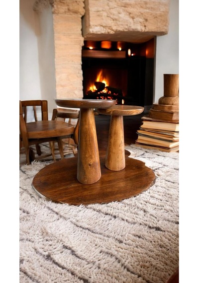 Wood Ahşap 2'li Set Konik Mantar Yan Sehpa Modern Fiskos / Açık Ceviz Renk / Zigon Sehpa Vernikli Açık Ceviz