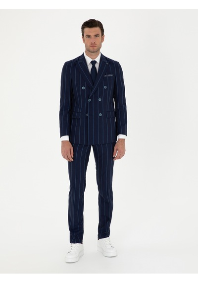 Cacharel Lacivert Slim Fit Çizgili Yün Takım Elbise