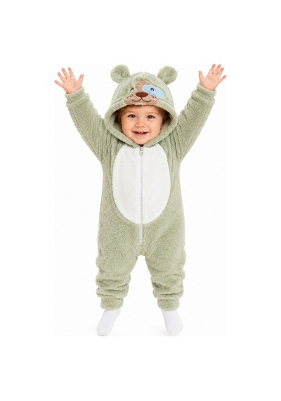 Kız Erkek Bebek Welsoft Peluş Tulum Kapüşonlu Fermuarlı Kışlık Bebek Tulumu Köpek Figürlü Yumuşak Polar Tulum Yeşil