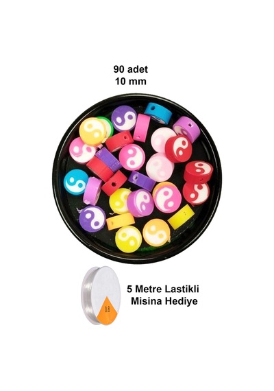 90 Adet 10 Mm Polimer Kil Fimo Boncuk Takı Bileklik + 5 Metre Lastikli Misina Hediye - Renkli Yin Yang