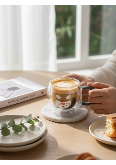 Çift Çidarlı Hayvanlı Cam Kupa 280 Ml Gri