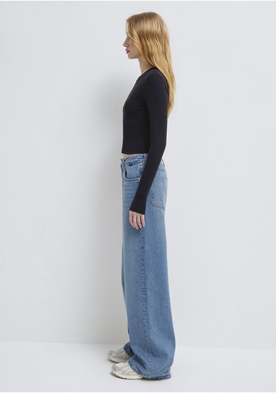Mavi - Uzun Kollu Siyah Crop Basic Tişört 1612822-900
