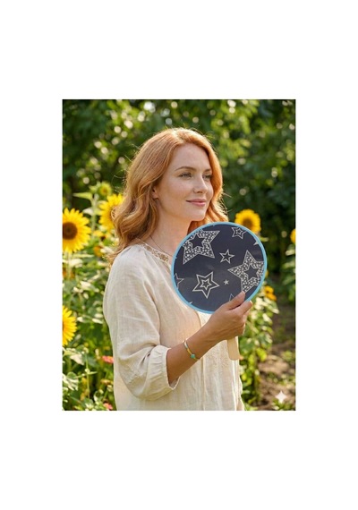 Star Desenli Katlanabilir Yuvarlak Yazlık Taşınabilir Çantalı El Yelpazesi 25cm