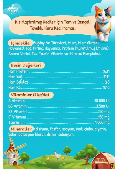 Happy Farm Kısırlaştırılmış Kedi Maması Tavuk Etli 15 Kg