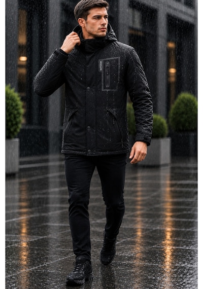 Modmen Erkek Su Geçirmez Kapüşonlu Outdoor Mont Siyah Yağmurluk Günlük Ve Kışlık Siyah