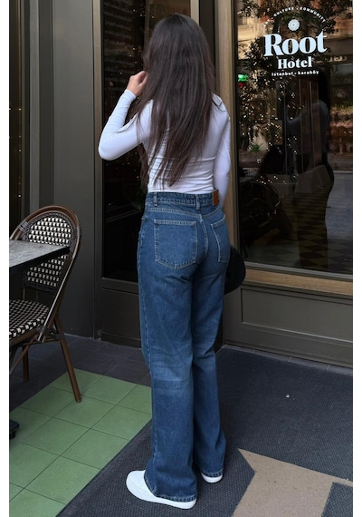Mavi %100pamuklu Geniş Paça Kadın Wide Leg Jean Mg2623 Mavi
