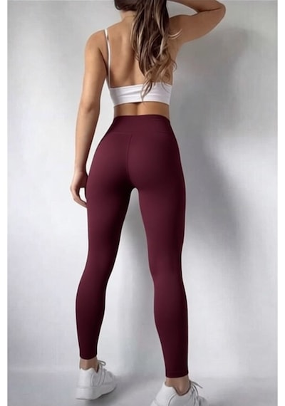 Mercan Kids & Butik Kadın Yüksek Bel Toparlayıcı Tayt Dikişsiz İç Göstermez Spor Taytı Bordo